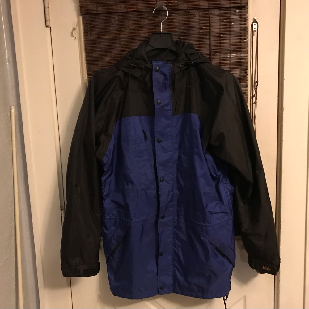 REI Gore-Tex Parka M Tall Blue Black Vintage 90s Hooded Waterproof Jacket